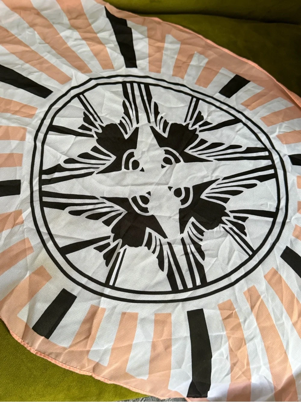 New Lalique Peach, White & Black Bird Art Deco Graphic Luxury Scarf